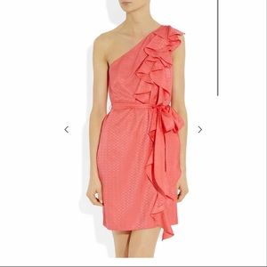 Milly one shoulder ruffle silk jacquard dress